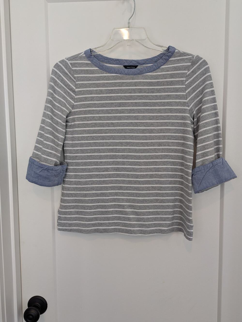 Nautica Women Med Gray Stripe Knit Crop Shirt Denim Roll 3/4 Sleeve Beachy